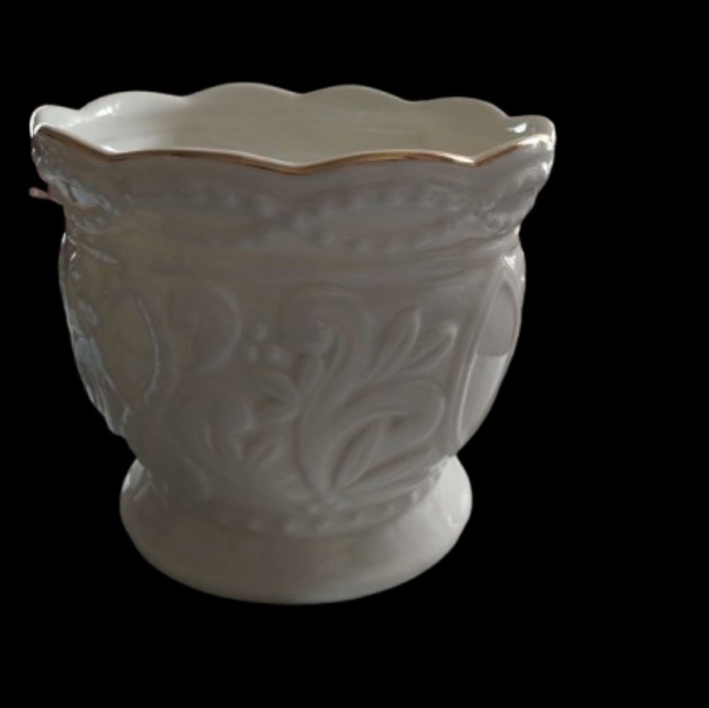 VTG Bloom Rite White Ceramic Planter with Gold Trim, Stamped See Photo